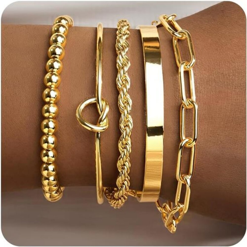 Gold Bracelets Set for Women 14K Gold Plated Cuff Bangle Paperclip Chain Jewelry